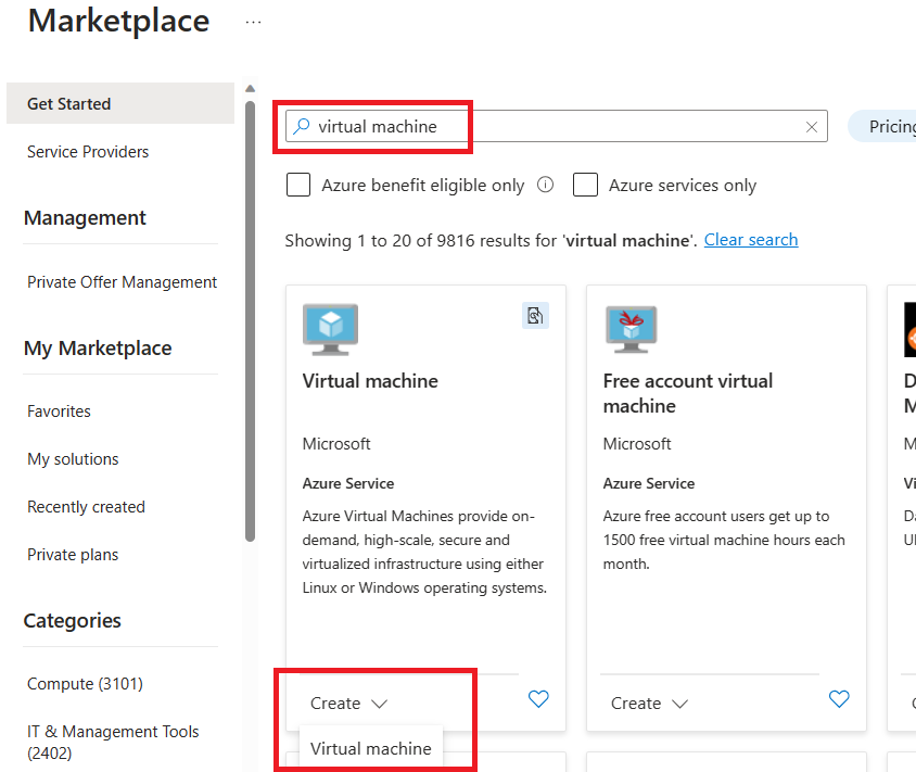 Screenshot highlighting how to search for and create a virtual machine resource in the Azure portal.