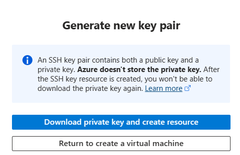 Screenshot showing the prompt during Azure VM creation to download the private key and create resource.