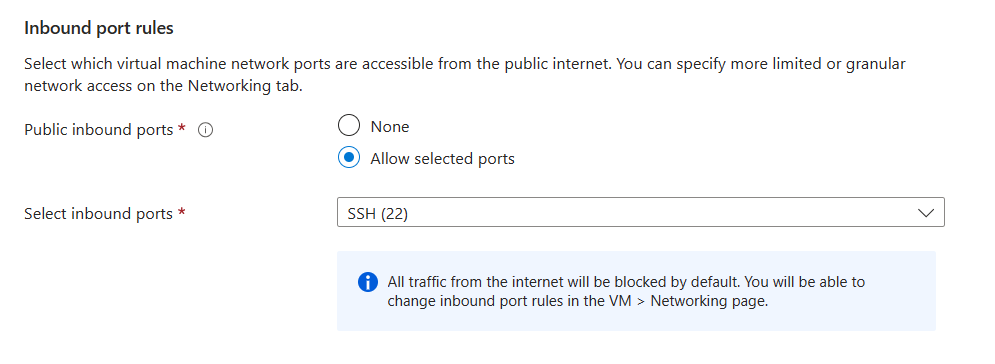 Screenshot showing the inbound port rules for setting up an inbound port for SSH.