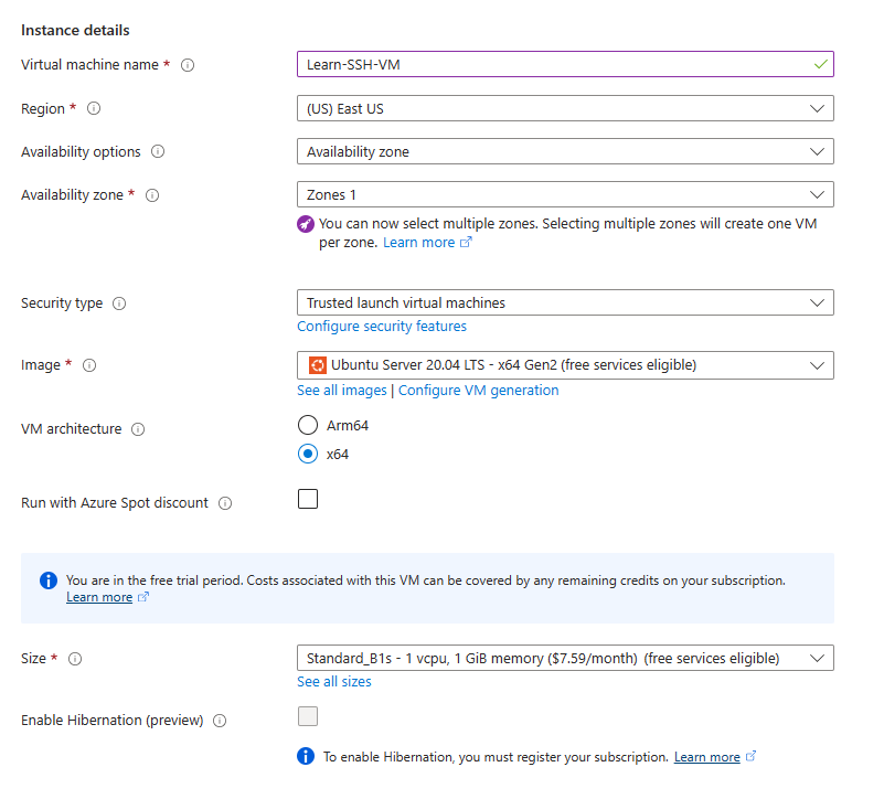 Screenshot showing details of the Azure VM to create.