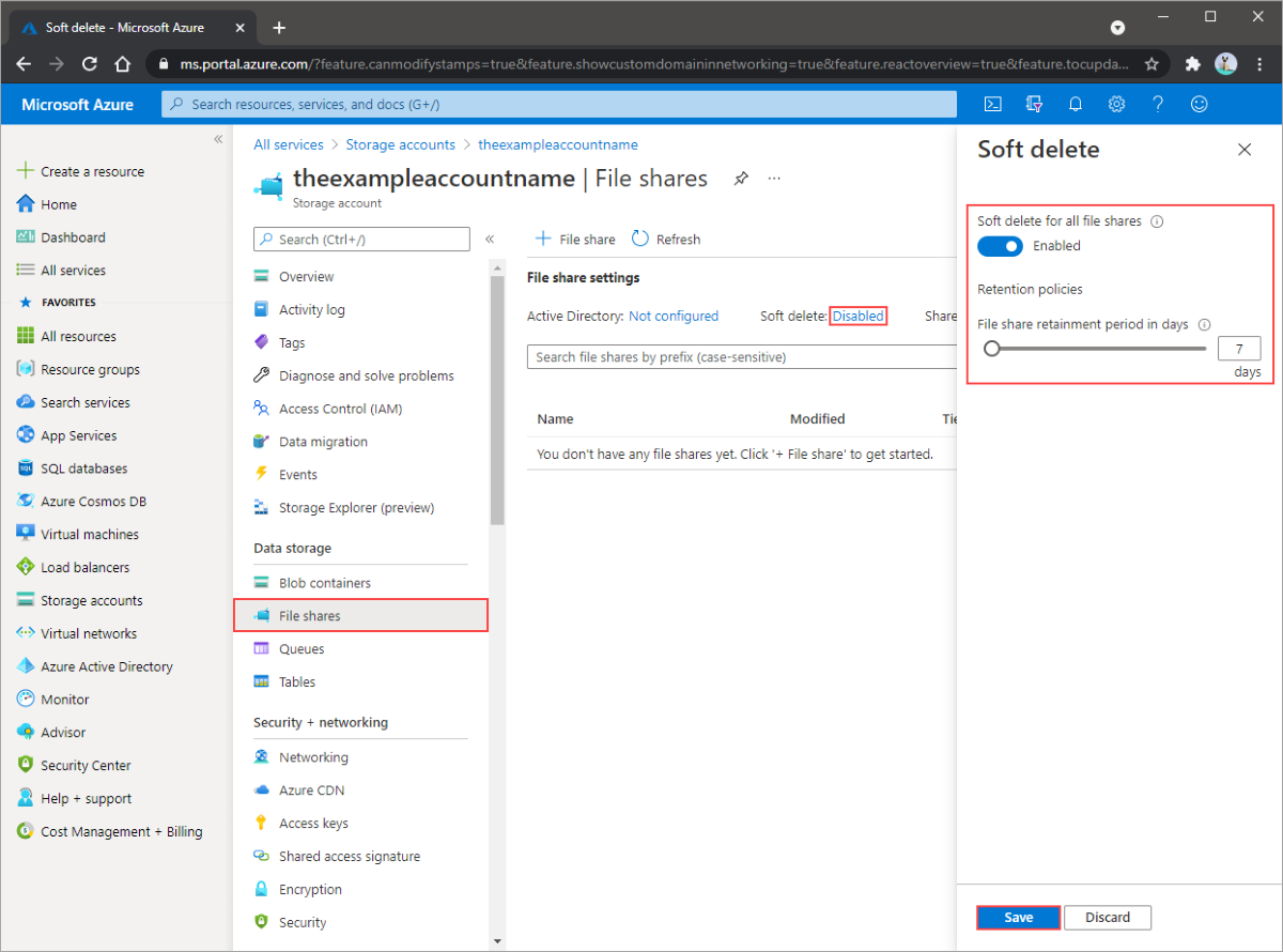 Illustration that depicts how to enable soft delete on an Azure file share.
