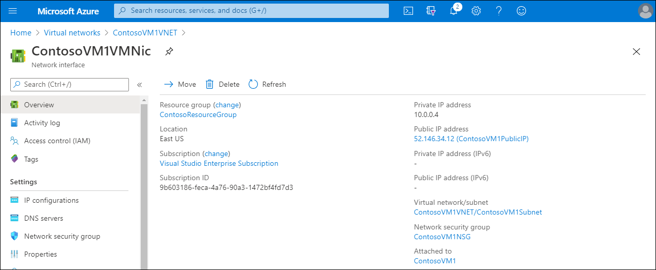 A screenshot of the ContosoVM1VMNic page in the Azure portal. Both the private IP address (10.0.0.4) and the public IP address (52.146.34.12) (ContosoVM1PublicIP) display.)