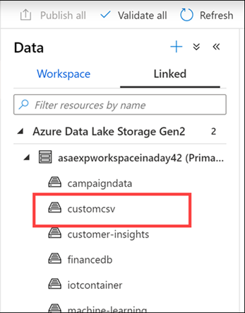 Viewing containers in the data hub in Azure Synapse Studio