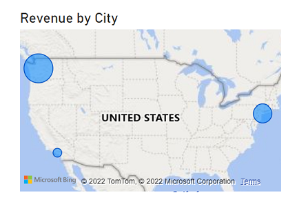 Screenshot of a map showing comparative revenue by city.