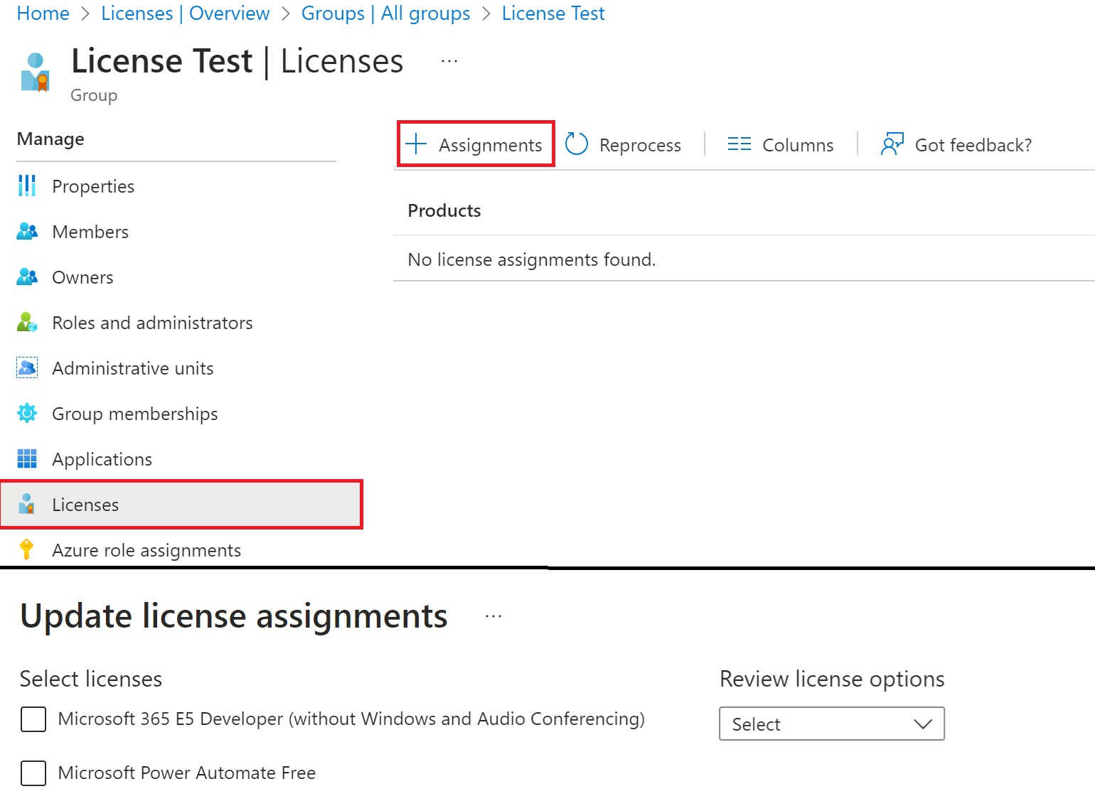Screenshot of the group license page in Microsoft Entra ID. The plus Assignments option is selected with the current licenses for Office 365 and Windows 10 being added to the group.