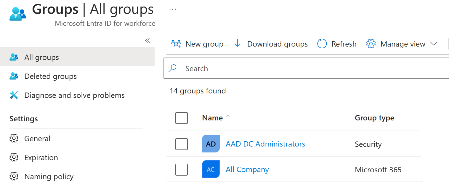 Screenshot of the Microsoft Entra ID view all groups page.  It shows a list of several groups that already exist, along with attributes about group like Group Type and Membership Type.