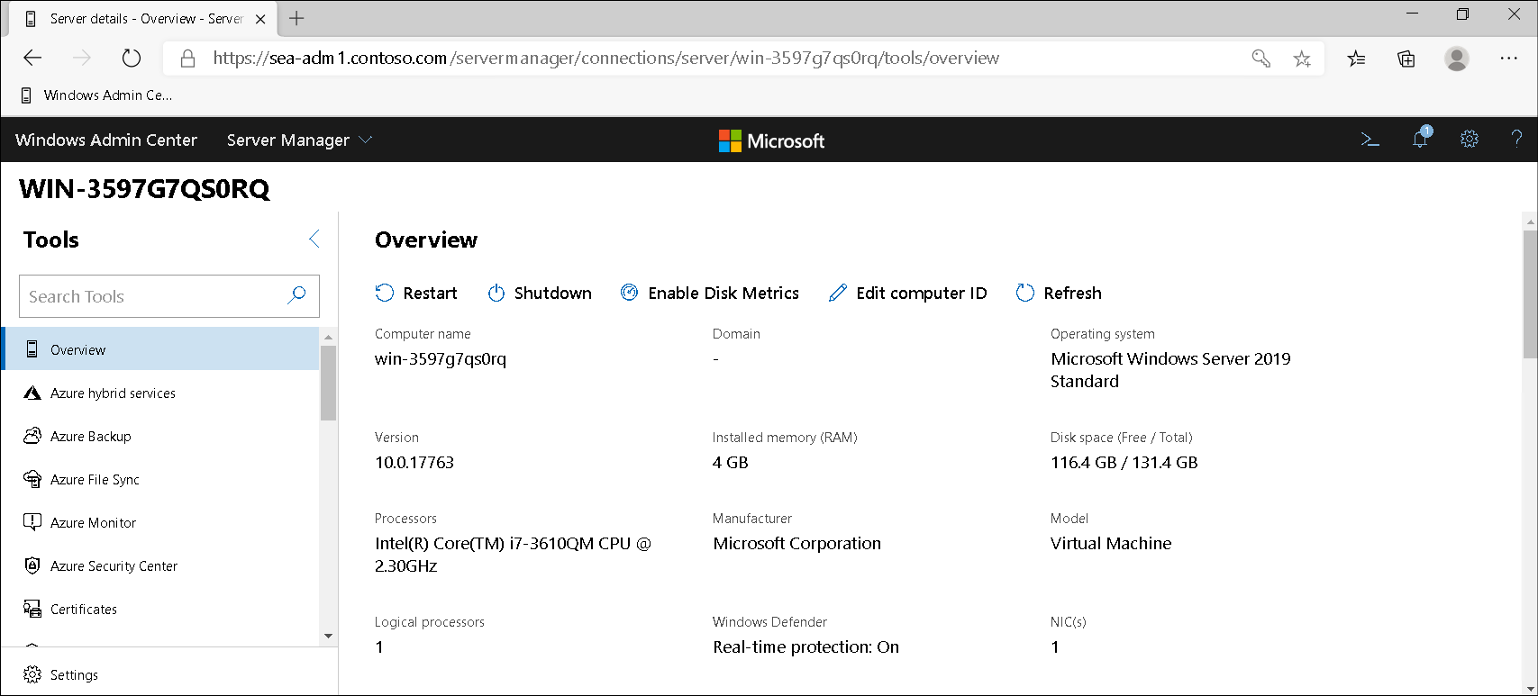 A screenshot of Windows Admin Center. The administrator has added and selected a newly deployed server. The Overview page is displayed.