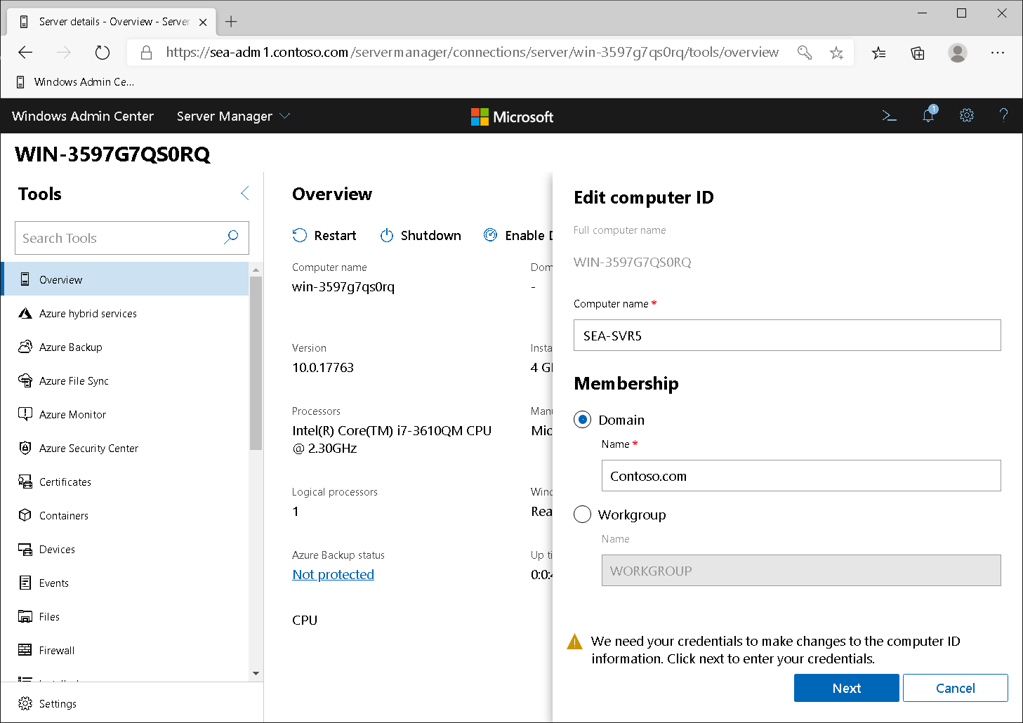 A screenshot of Windows Admin Center. The Overview page is displayed, along with the Edit computer ID blade. The administrator has updated the computer name and domain name.