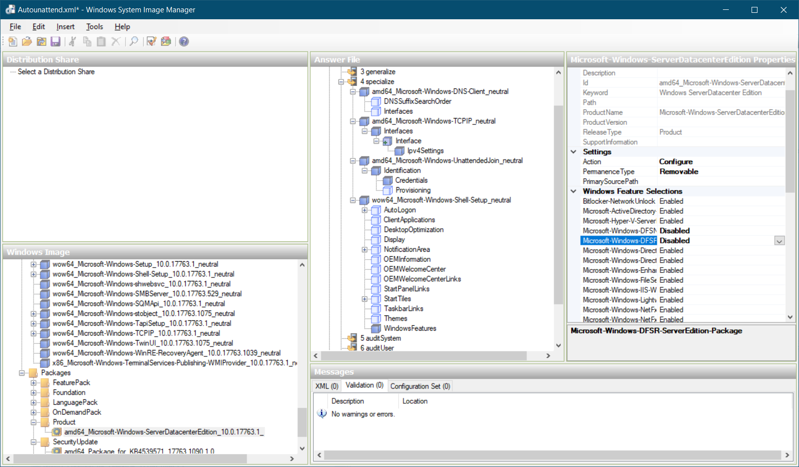 A screenshot of Windows System Image Manager. An answer file called Autounattend.xml is being edited. Numerous components are added to the Answer File section. The administrator is editing values in the Properties section.