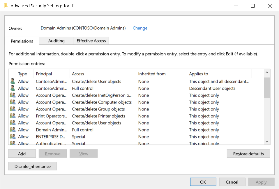 A screenshot of the Advanced Security Settings for IT dialog box. The administrator has selected the Permissions tab. Displayed are the permissions on the IT OU, including delegated permissions for ContosoAdmin.