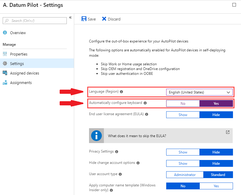 Screenshot of the Autopilot profile settings page in Intune.