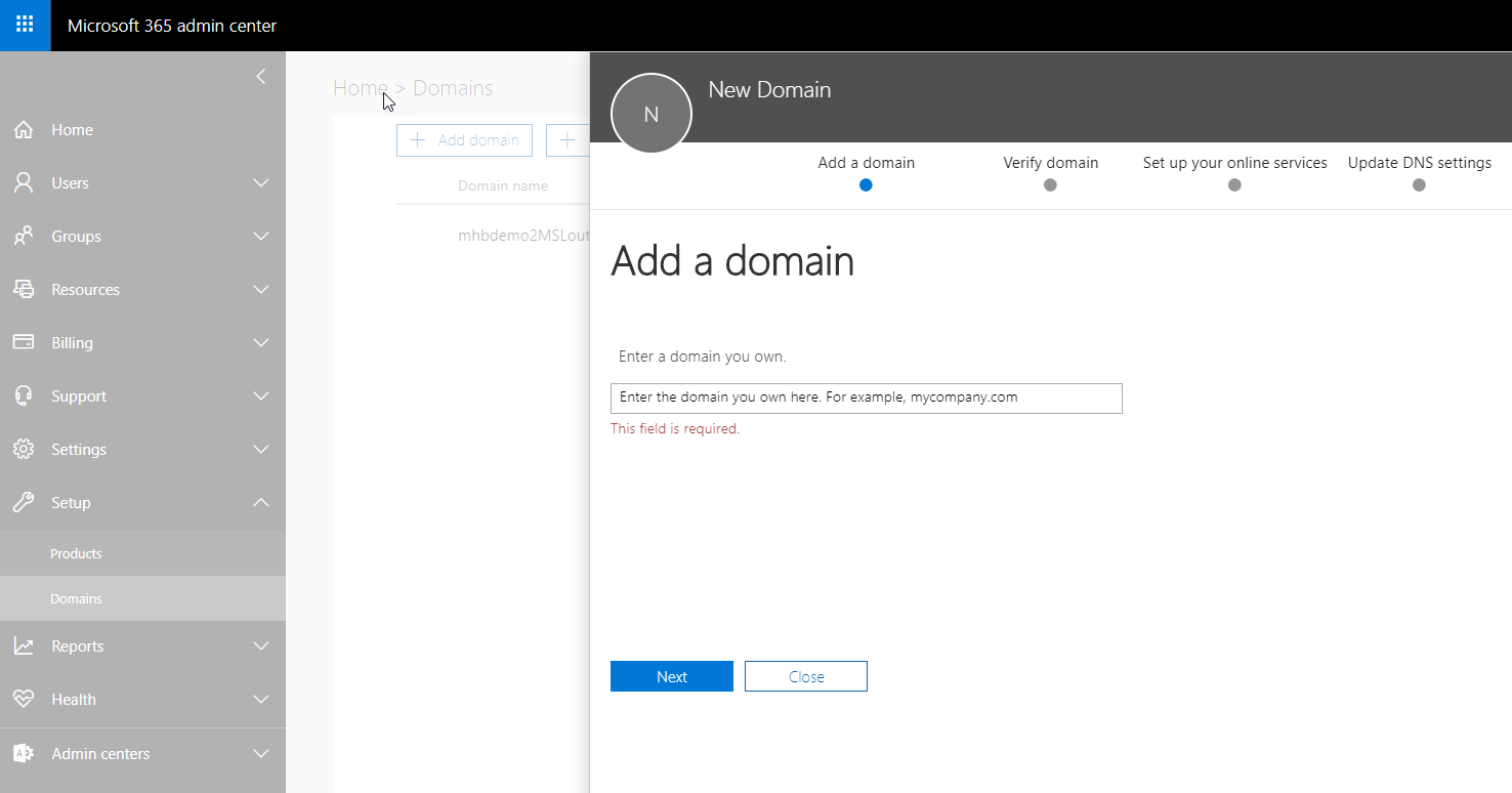 Screenshot of the 'Add a domain' screen, within the Microsoft 365 admin center.