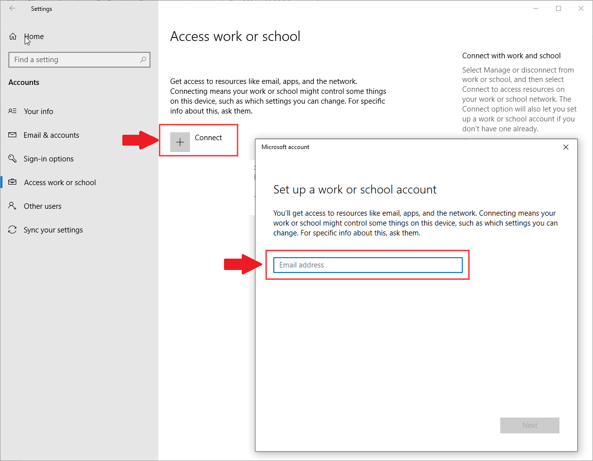 Screenshot of the Set up a work or school account window that appears after selecting Connect from the Access work or school page.