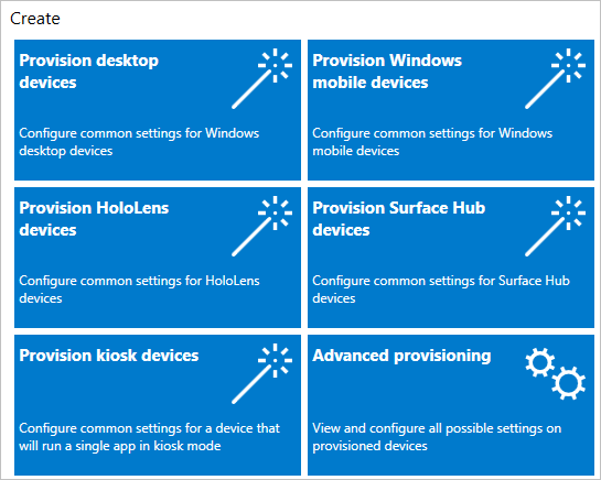 Screenshot of the Windows Configuration Designer start page.