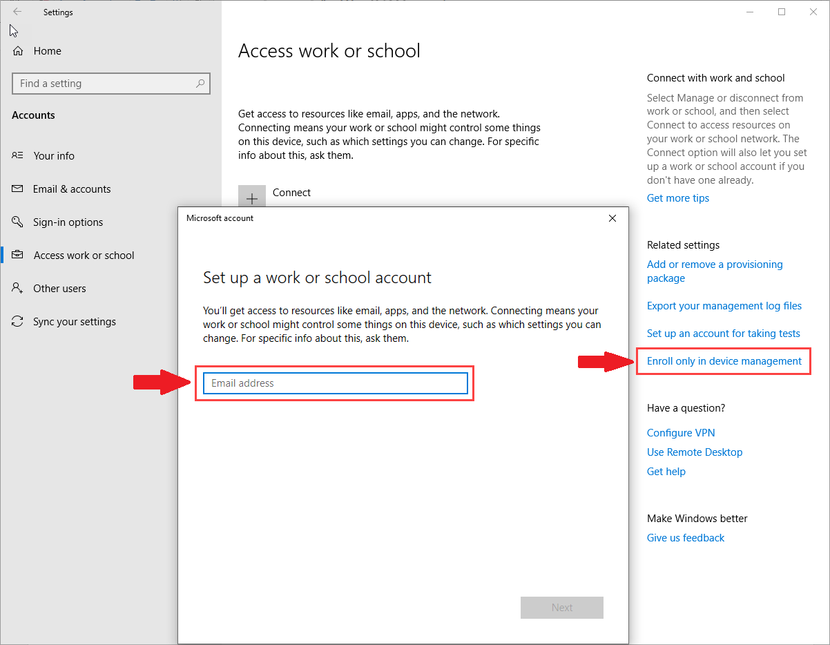 Screenshot of the Set up a work or school account window that appears after selecting the Enroll only in device management option from the Access work or school page in Intune.
