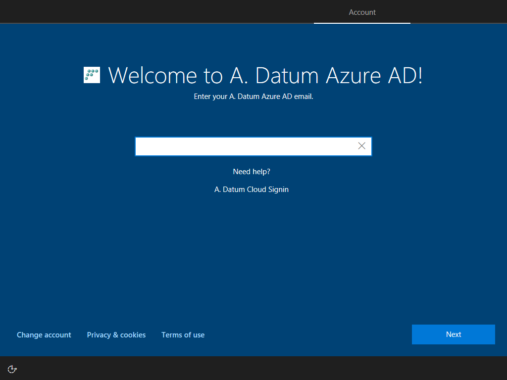 Screenshot of sample sign in screen. The title reads, Welcome to A. Datum Azure AD.