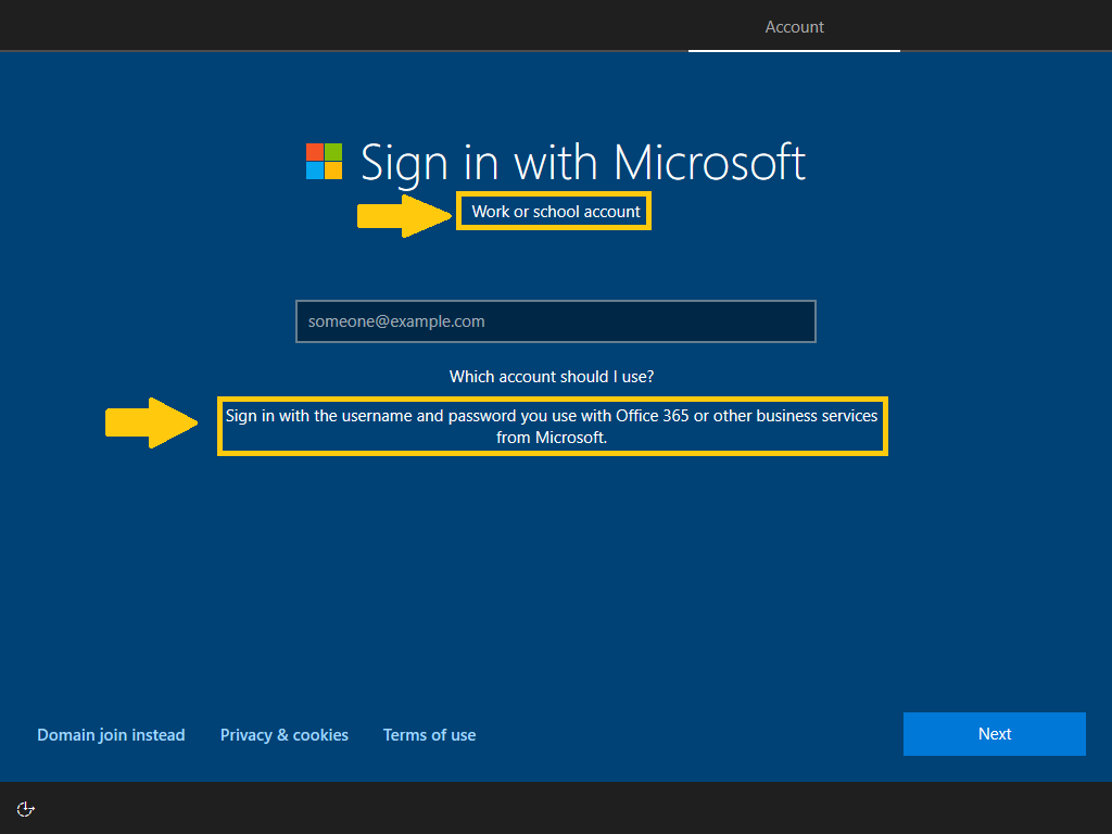 Screenshot of the Sign in with Microsoft - work or school account page.