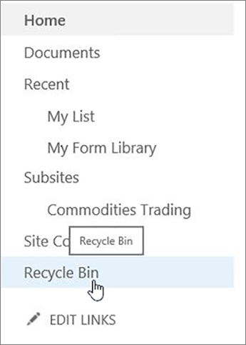Screenshot of the navigation pane on the modern teams sites page and the Recycle bin option highlighted.