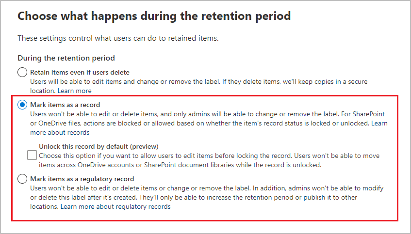 Screenshot of records management in the Microsoft Purview compliance portal and the option to declare content as a record or regulatory record.