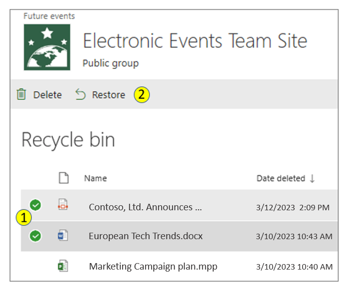 Screenshot of the Recycle bin page with items selected and the Restore button on the menu bar.