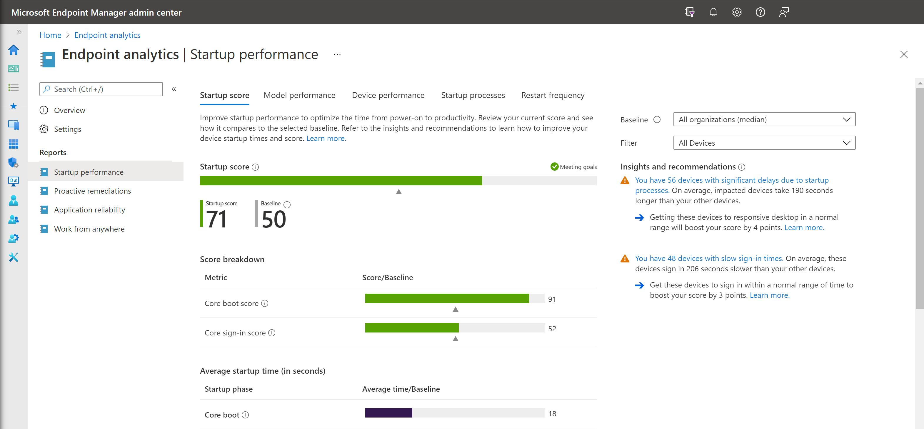 Endpoint analytics startup performance page.