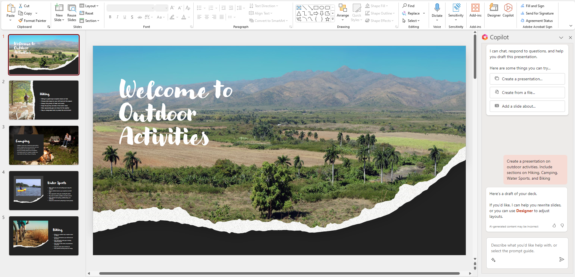 Screenshot of new PowerPoint presentation created by Microsoft 365 Copilot.