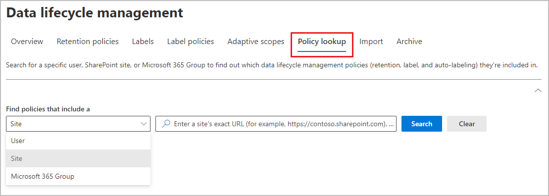 Screenshot showing the Policy lookup tab on the Data lifecycle management screen.