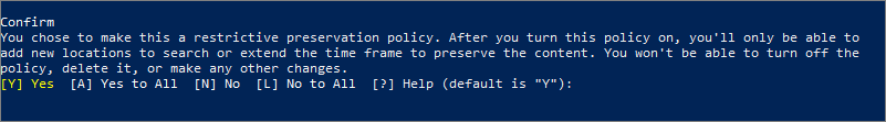 Screenshot of a PowerShell session showing the prompt to confirm that you want to lock a retention policy.