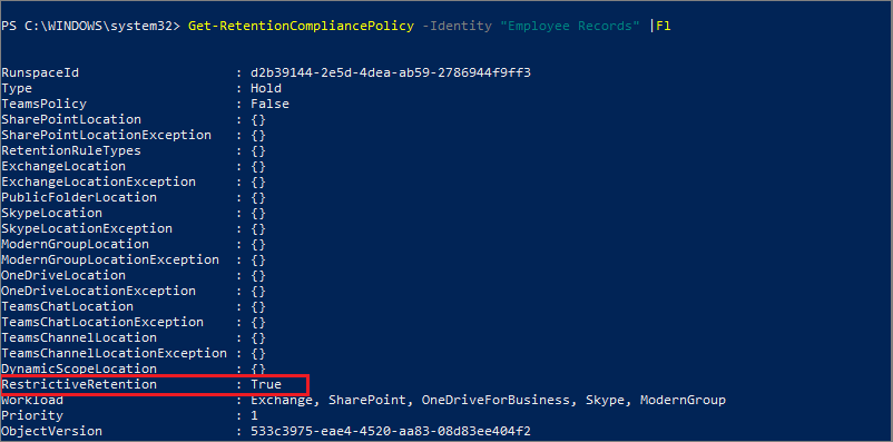Screenshot of a PowerShell session showing the Get Retention Compliance Policy command and all of the settings for a policy.