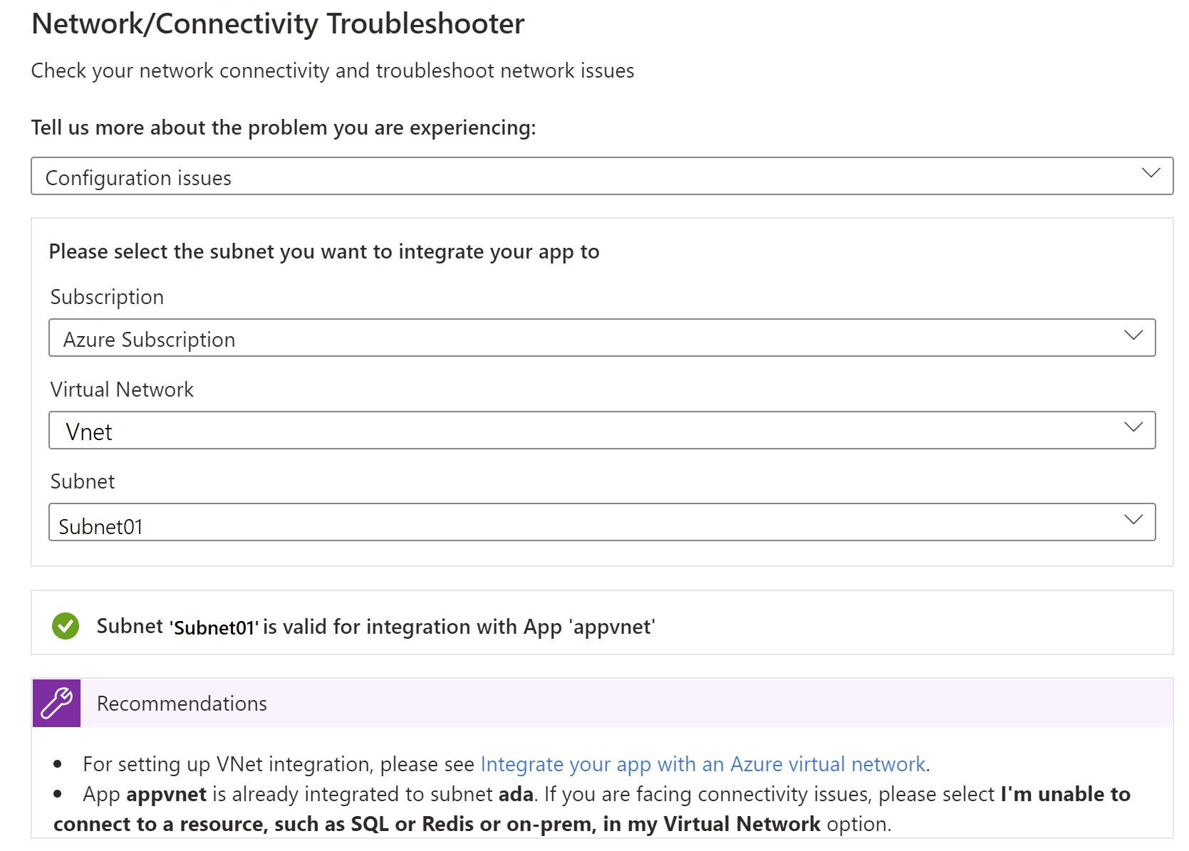 Screenshot that shows how to run  troubleshooter for configuration issues in the Azure portal.