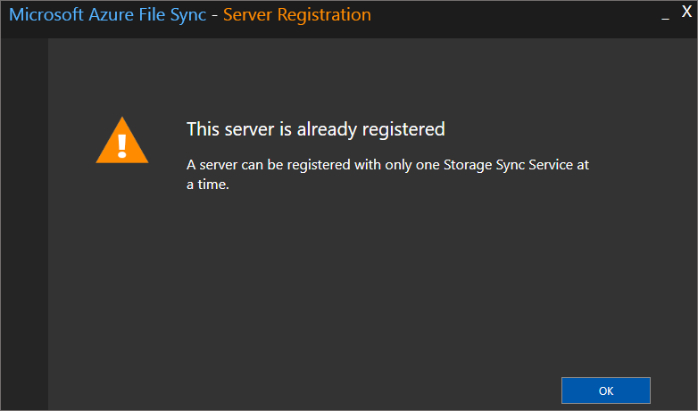 Screenshot that shows the Server Registration dialog box with the 'server is already registered' error message.