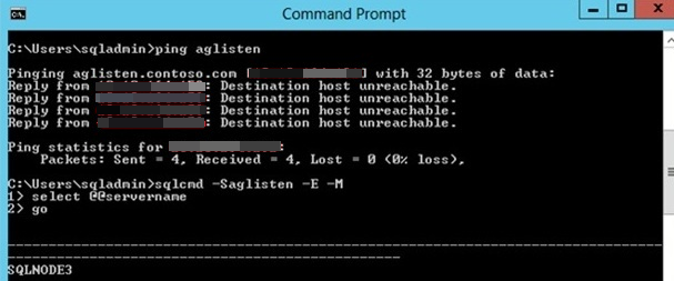 Screenshot of the Command Prompt window when you ping the listener for the availability of aglisten.