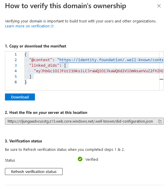 Screenshot that shows the verified well-known configuration.