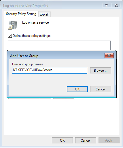 Screenshot of the Add User and Group dialog in Log on as a service properties.