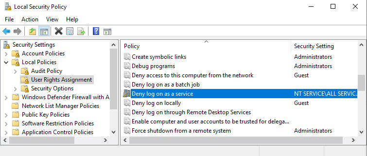 Screenshot shows  UIFlowService is in deny log on as a service.