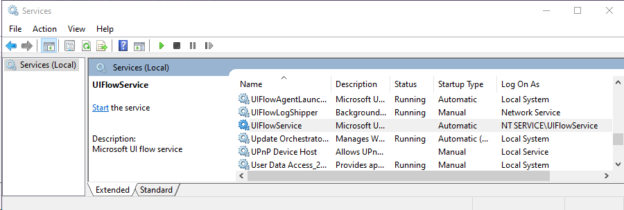Screenshot shows UIFlowService not running.