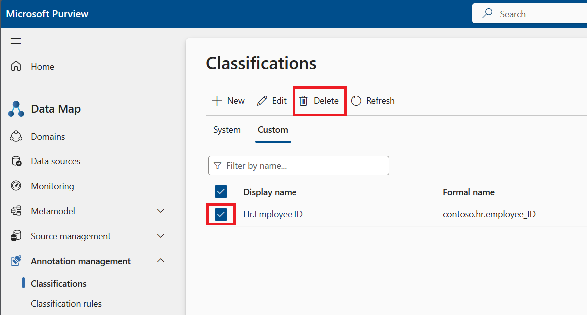 Screenshot of the custom classification page, showing a classification selected and the delete button highlighted.