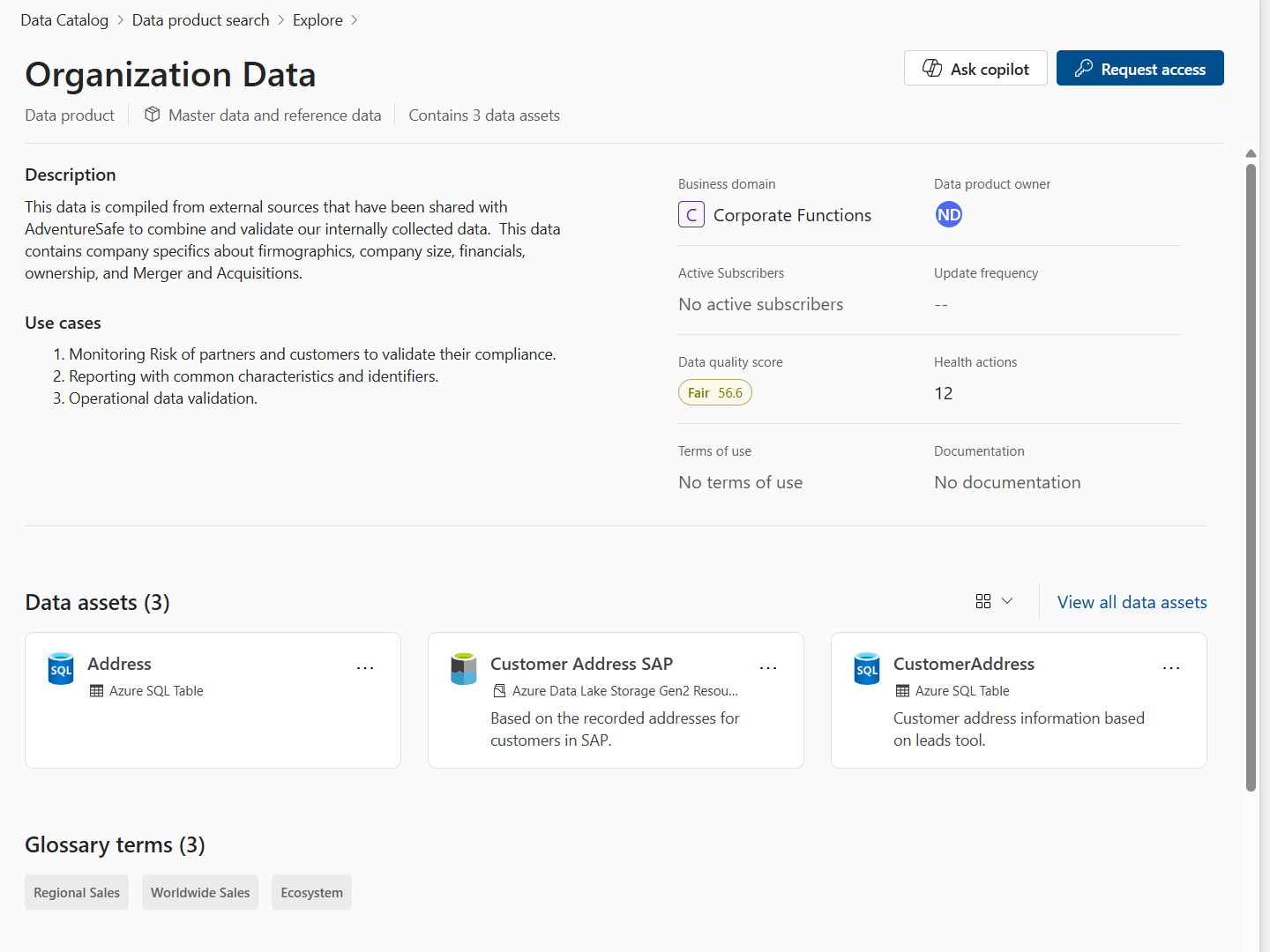 Screenshot of a data product detail page in the Microsoft Purview Data Catalog.