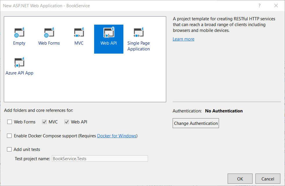 Screenshot of the New A S P dot Net Project dialog showing the Web API template highlighted in blue.