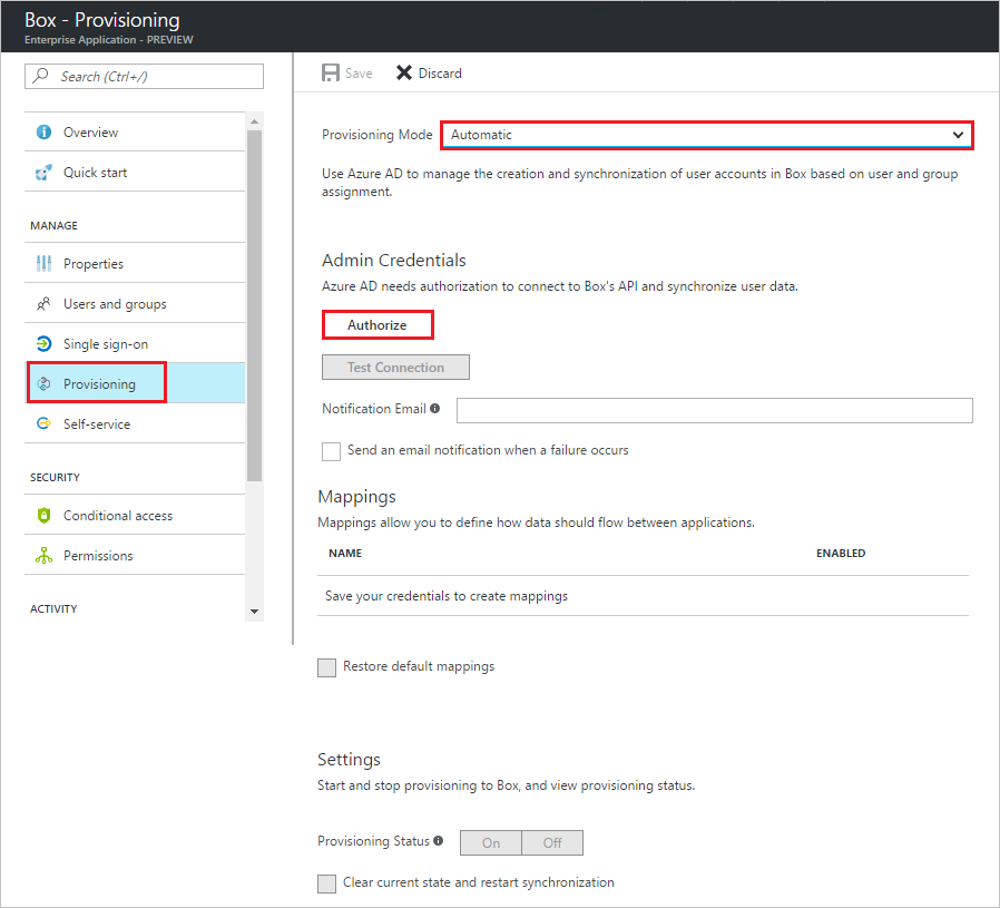 Screenshot of the Provisioning tab for Box in Azure portal. Provisioning Mode is set to Automatic and Authorize is highlighted in Admin Credentials.