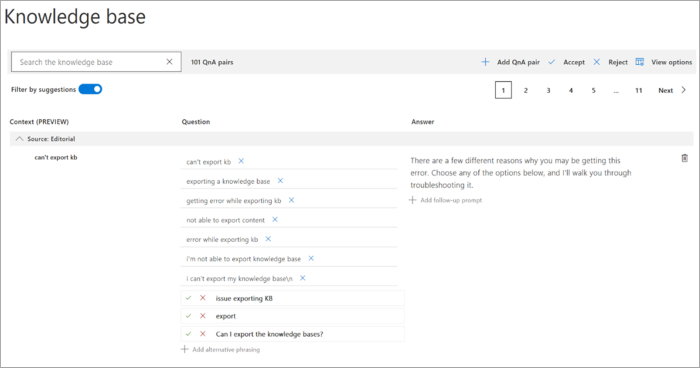 Select or reject active learning's suggested question alternatives by selecting the green check mark or red delete mark.