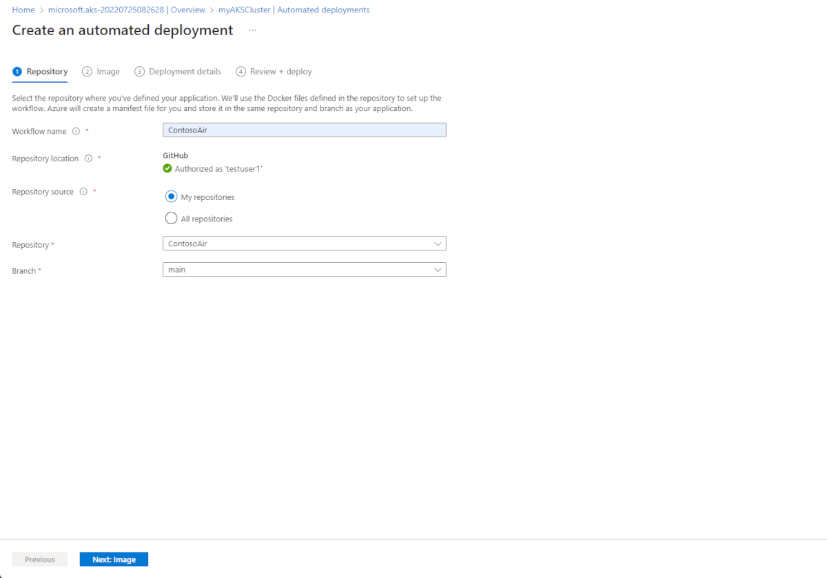 The authorize and repository selection screen.