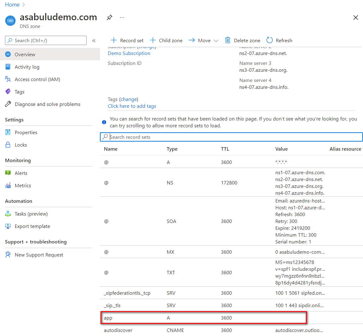 Screenshot of adding a record set to map the app domain name to the public IP address of the application gateway.