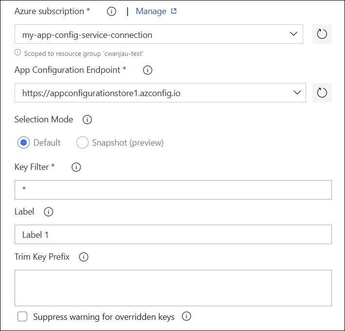 Screenshot shows the app configuration task parameters.