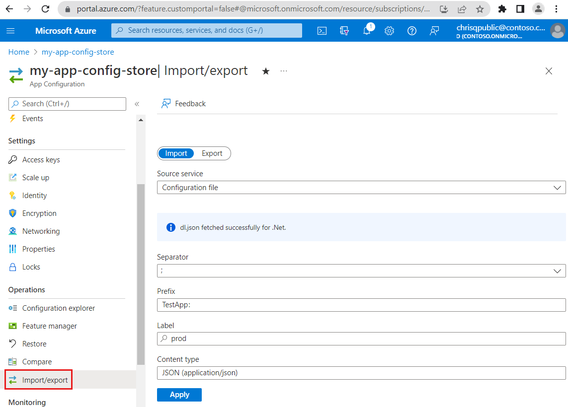 Screenshot of the Azure portal, importing a file.