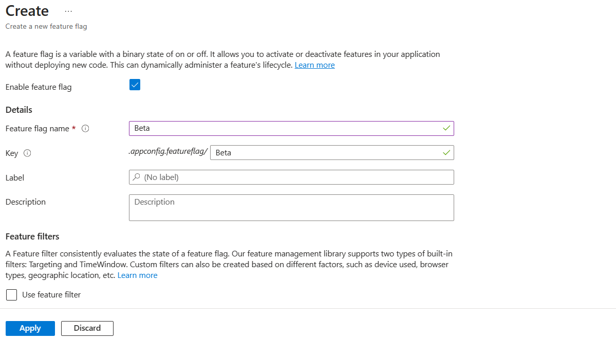 Screenshot of the Azure portal that shows the configuration settings to create a feature flag.