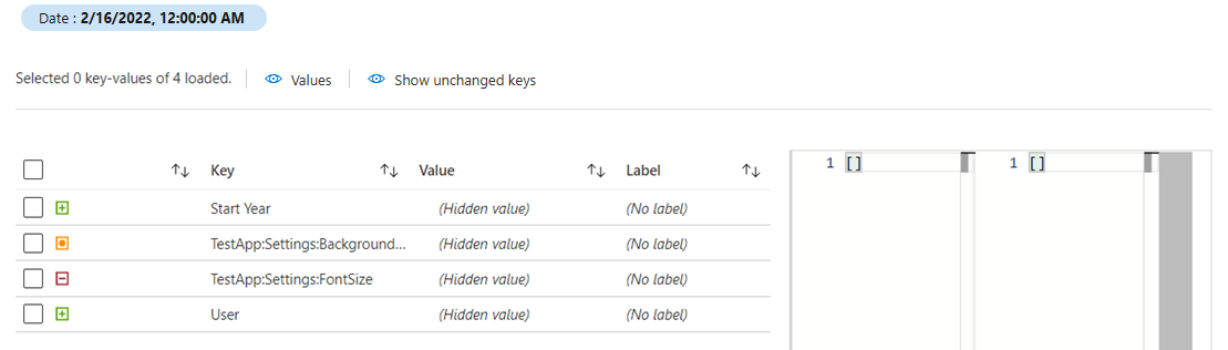 Screenshot of the Azure portal with saved key-values