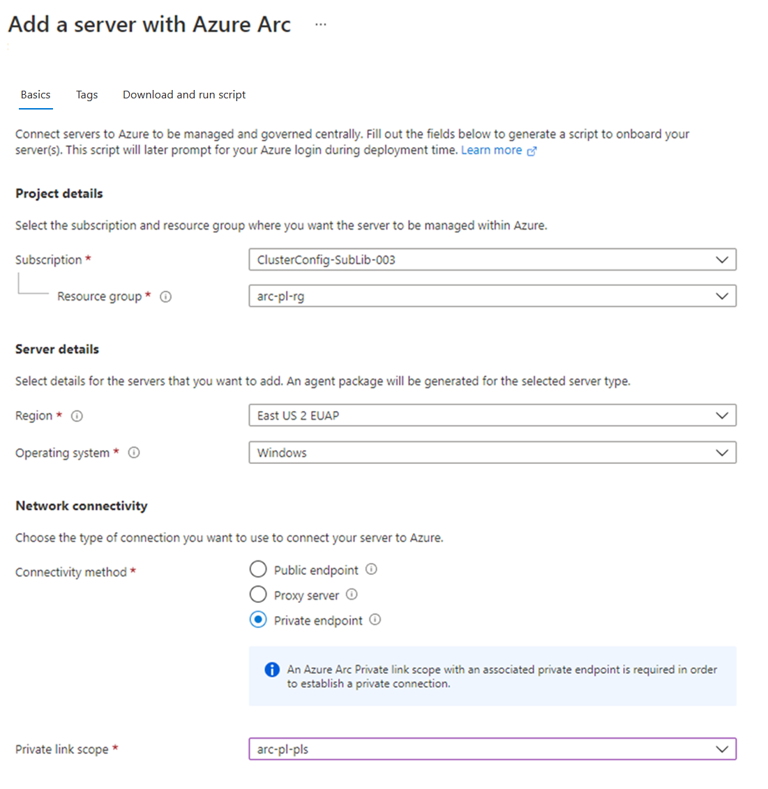 Selecting Private Endpoint connectivity option