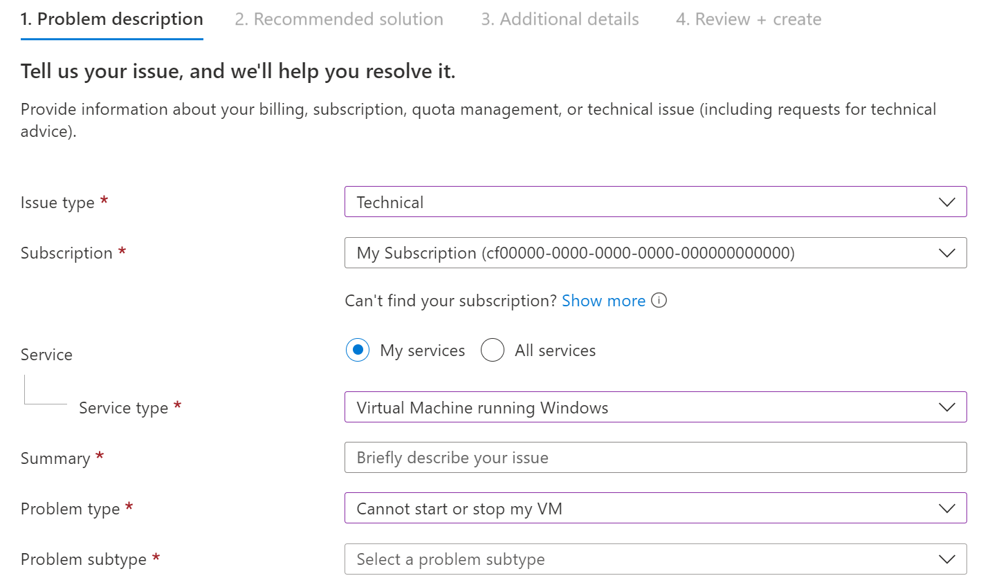 Screenshot of the Problem description step of the support request process.