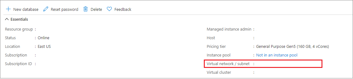 Screenshot shows the Virtual network configuration page where you can find your Virtual network/subnet value.